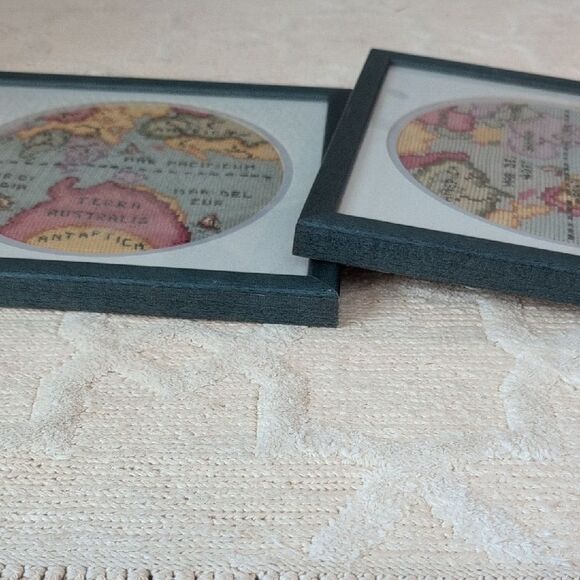 Vintage Framed Handmade Needlework Old World Map Embroidery Art Set of 2 - Picture 10 of 12